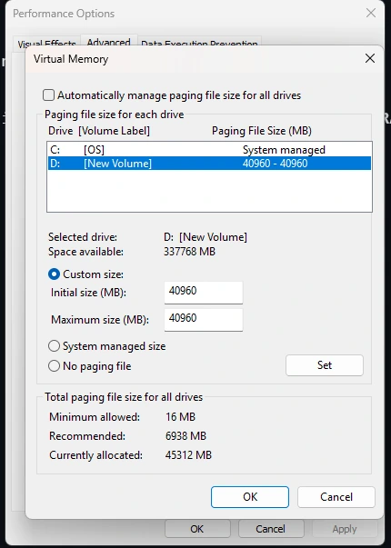 Pagefile settings