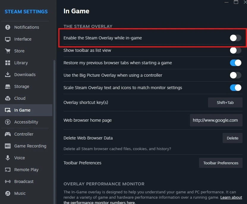 Steam Overlay settings